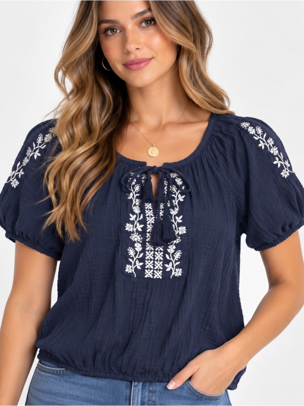 071.New Navy Embroidered Tie-Front Peasant cotton